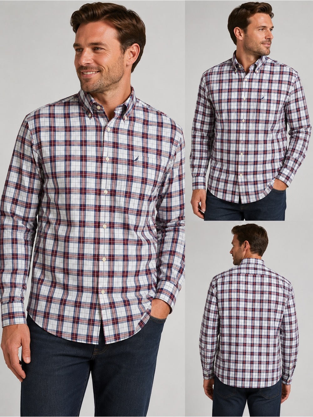 NAUTICA Men’s button down long sleeve 100% cotton maroon/gray plaid size XL
